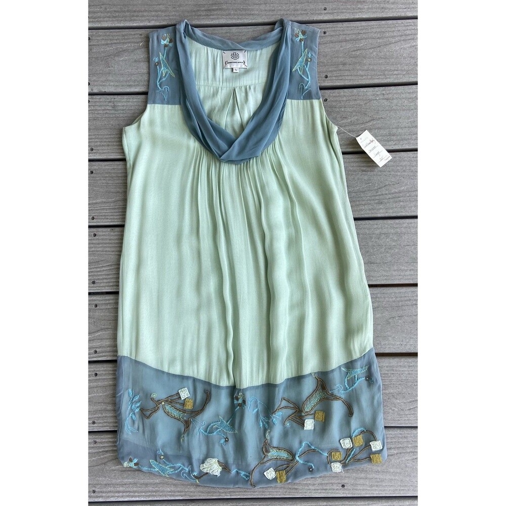 Anthropologie Conditions Apply Silk Embroidered Dress Women’s L Green Blue Shift